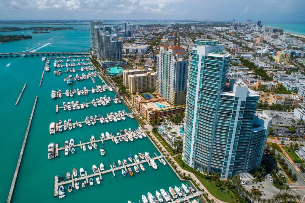 miami beach marina drone view